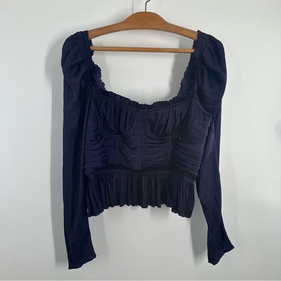 Ulla Johnson Purple Mia Ruched Satin Peplum Blouse - Picture 2 of 13